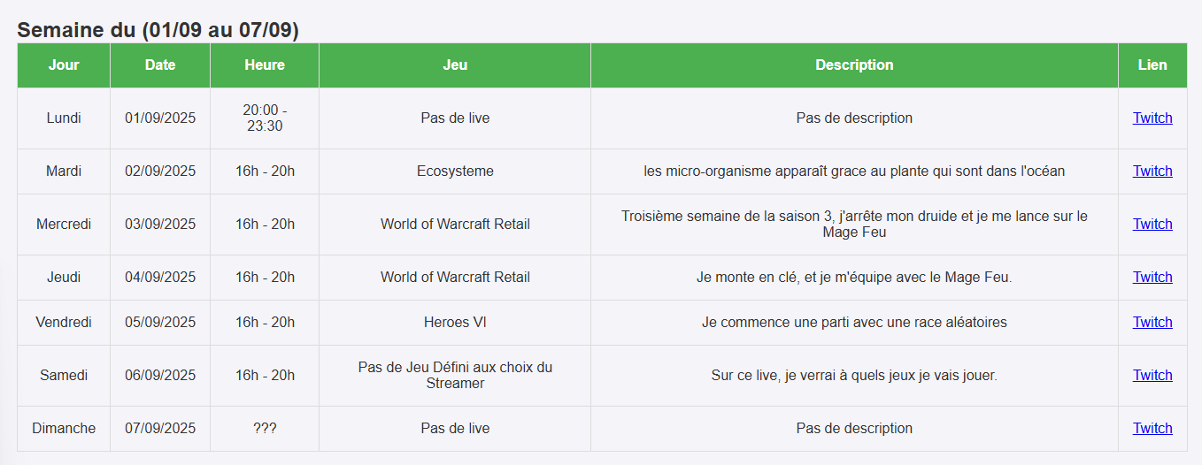 Sur cette image, je vous montre le planning de la semaine du 1er au 7 Septembre 2025